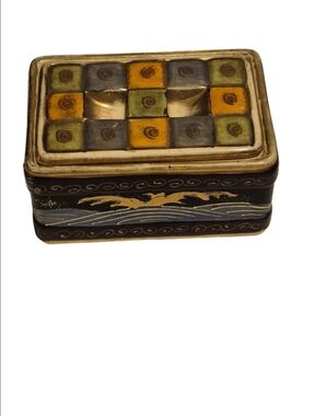 Vintage Satsuma Style Ceramic Trinket Box with Colorful Checker Lid